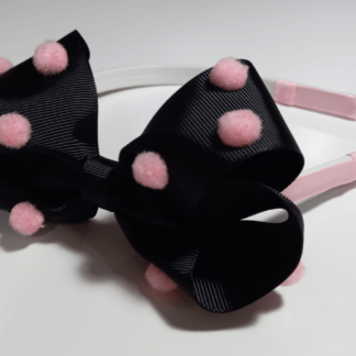 Tiara rosa laço preto com bolinhas rosa