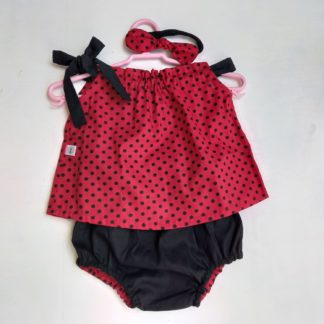 Conjunto menina 3pçs poá ZR: bata, tapa fralda e faixinha